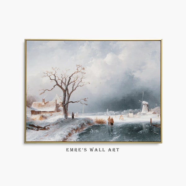 Vintage Winter Landscape Oil Painting: Frozen Lake Scene (Digital Download)