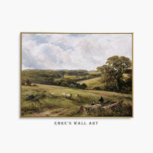 ヴィンテージカントリー油絵、ヴィンテージ風景画アートプリント、ヴィンテージファームハウスウォールアート、印刷可能な緑の風景画