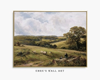 Vintage Country Oil Painting, Vintage Landscape Art Print, Vintage Farmhouse Wall Art, Printable Green Landscape Painting