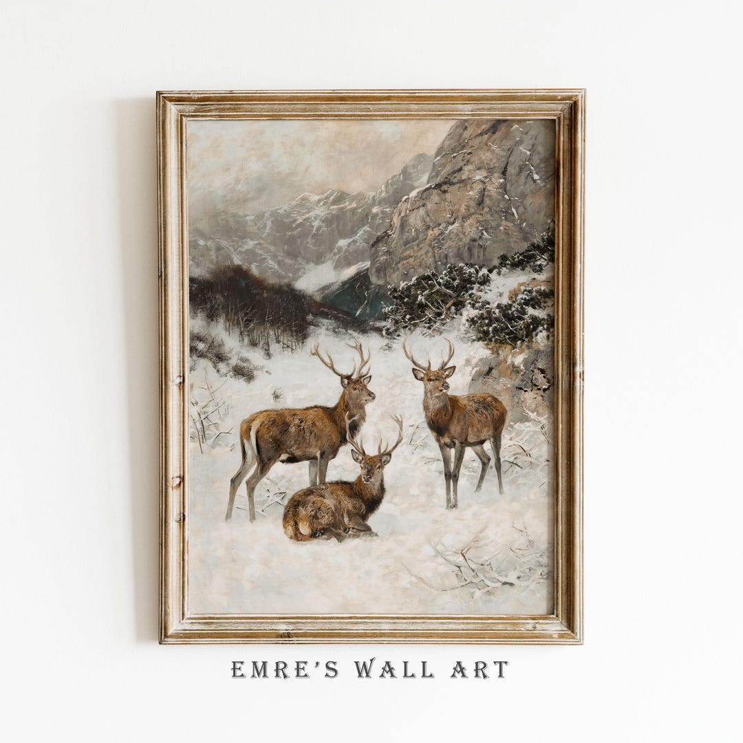 Rustic Vintage Winter Painting Print: Deer Landscape Wall Art (DIGITAL ...