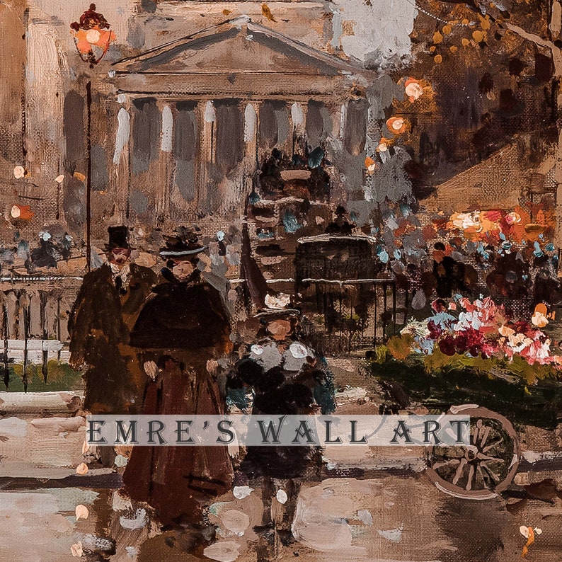 May include: An impressionistic painting of a European street scene at dusk. Figures in period clothing walk past a building with columns. A flower cart and street lamp are visible. The text "EMRE'S WALL ART" is at the bottom.