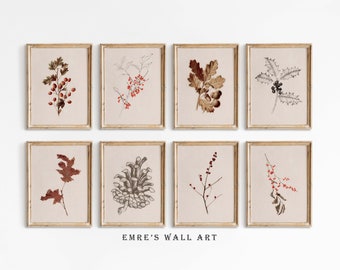 Winter Botanical Prints, Vintage Botanical Sketch Drawing, Neutral Botanical Drawing, Floral Sketch Art Prints, Minimalist Floral Art Prints
