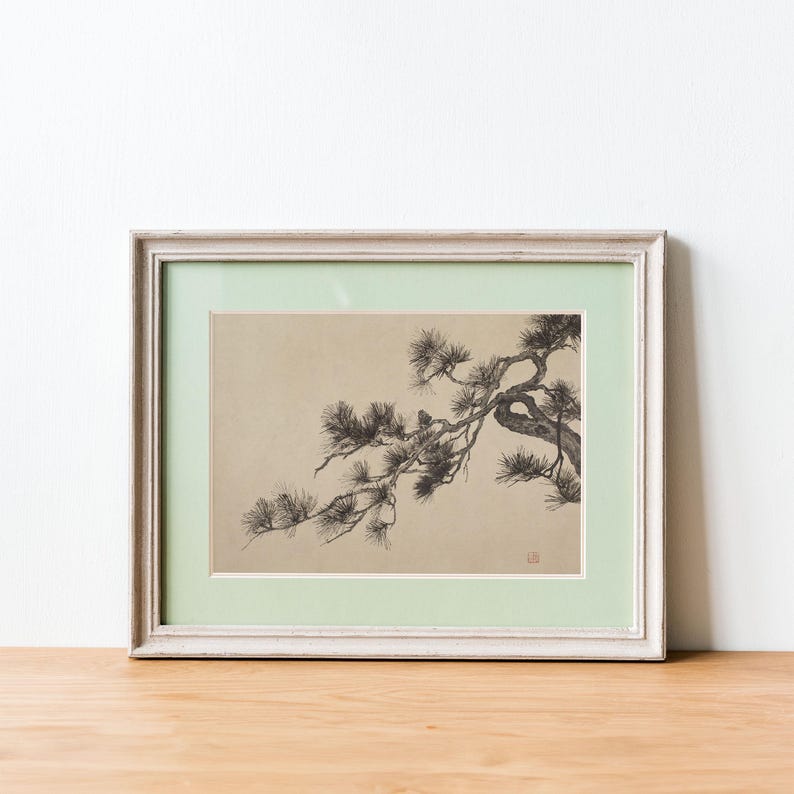 A vintage Japanese ink wash painting of a pine tree branch with detailed pine needles and a small pinecone against a textured beige paper background. The elegant black brushstrokes capture a minimalist, traditional East Asian artistic look. A small red artist seal is visible in the bottom right corner.