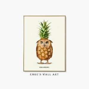 Ananas-Kunstdruck, Eulen-Kunstdruck, Ananas-Illustrationskunst, tropische Wandkunst, Ananas-Wandkunst, Eulen-Wanddekoration, Ananas-Poster