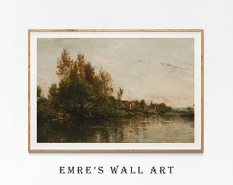 Peinture vintage de paysage de lac, impression d'art de ferme rustique (téléchargement numérique)