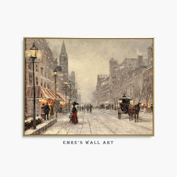 Vintage Paris Street Winter Scene, Cityscape Antique Moody Print, Printable French Wall Decor, Vintage Winter Landscape Painting