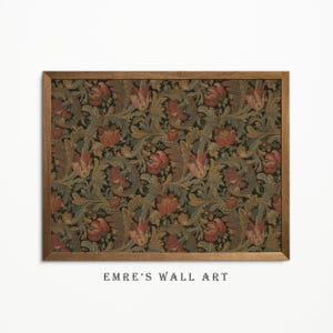 Antique rustic floral textile pattern featuring detailed vintage fabric textures and classic floral motifs. The design showcases flowing botanical elements in soft earthy tones, inspired by traditional cottage interiors and antique textiles. Aged fabric appearance and ornamental floral details create a timeless decorative look. Ideal as vintage textile wall decor with a warm rustic character, presented as a high-resolution digital print.