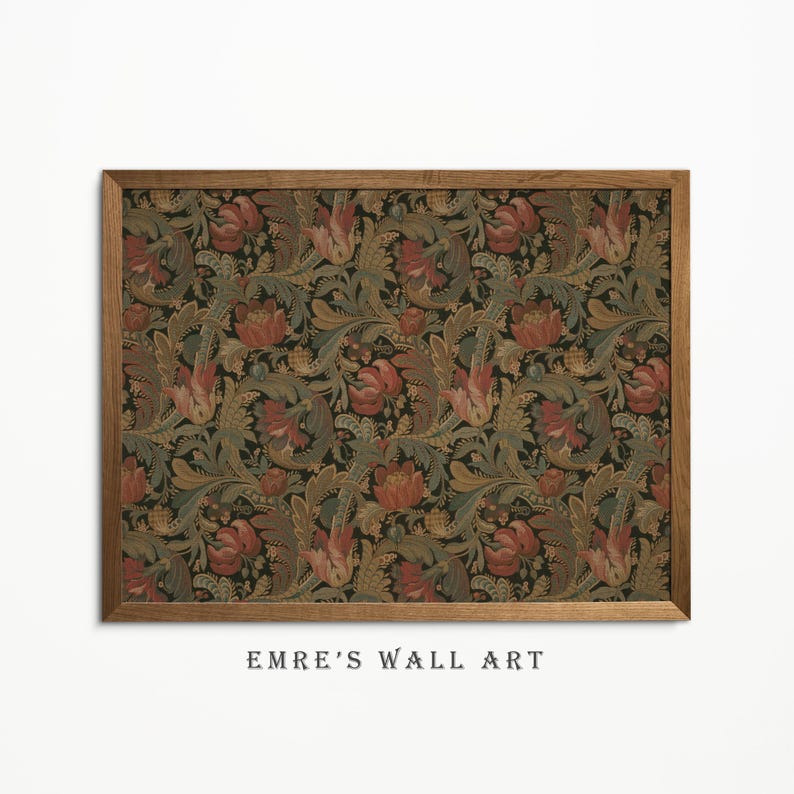Antique rustic floral textile pattern featuring detailed vintage fabric textures and classic floral motifs. The design showcases flowing botanical elements in soft earthy tones, inspired by traditional cottage interiors and antique textiles. Aged fabric appearance and ornamental floral details create a timeless decorative look. Ideal as vintage textile wall decor with a warm rustic character, presented as a high-resolution digital print.