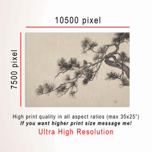 A vintage Japanese ink wash painting of a pine tree branch with detailed pine needles and a small pinecone against a textured beige paper background. The elegant black brushstrokes capture a minimalist, traditional East Asian artistic look. A small red artist seal is visible in the bottom right corner.