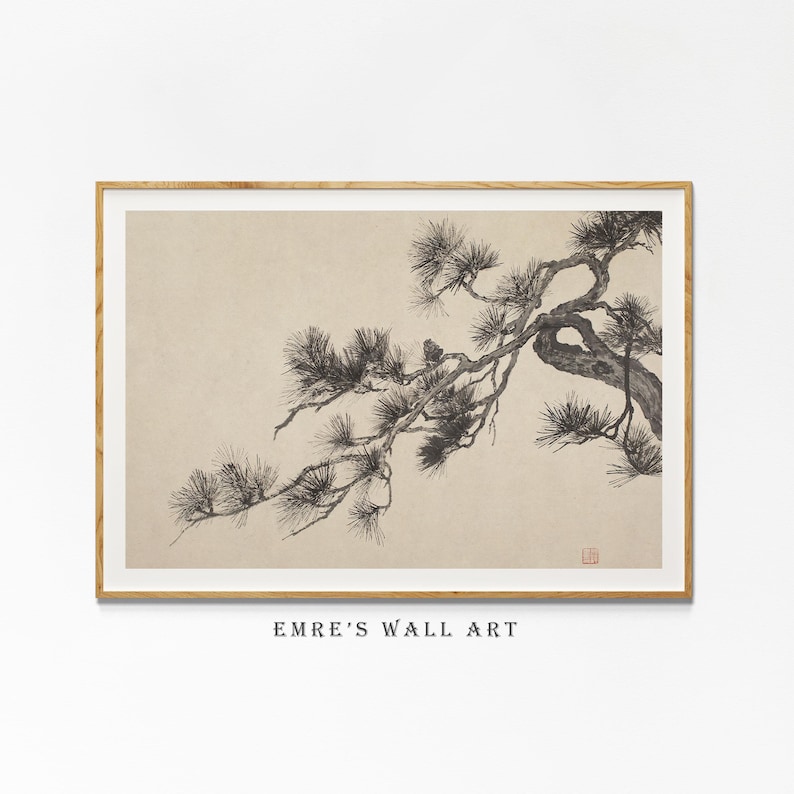 A vintage Japanese ink wash painting of a pine tree branch with detailed pine needles and a small pinecone against a textured beige paper background. The elegant black brushstrokes capture a minimalist, traditional East Asian artistic look. A small red artist seal is visible in the bottom right corner.