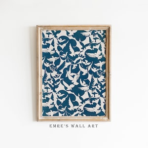 Antique Bird Art Print, Vintage Abstract Pattern Download, Bird Painting Wall Decor, Blue Pattern Art Decor, Antique Art Digital Download