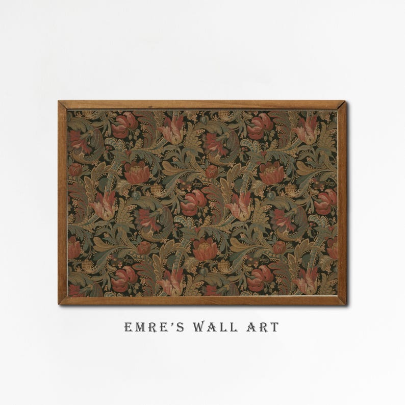 Antique rustic floral textile pattern featuring detailed vintage fabric textures and classic floral motifs. The design showcases flowing botanical elements in soft earthy tones, inspired by traditional cottage interiors and antique textiles. Aged fabric appearance and ornamental floral details create a timeless decorative look. Ideal as vintage textile wall decor with a warm rustic character, presented as a high-resolution digital print.