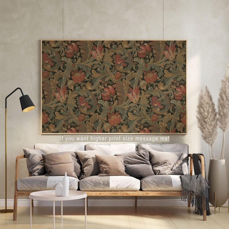 Antique rustic floral textile pattern featuring detailed vintage fabric textures and classic floral motifs. The design showcases flowing botanical elements in soft earthy tones, inspired by traditional cottage interiors and antique textiles. Aged fabric appearance and ornamental floral details create a timeless decorative look. Ideal as vintage textile wall decor with a warm rustic character, presented as a high-resolution digital print.