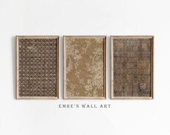 Vintage Textile Art Print Set: Rustic Brown Tapestry Gallery Wall (Digital Download)
