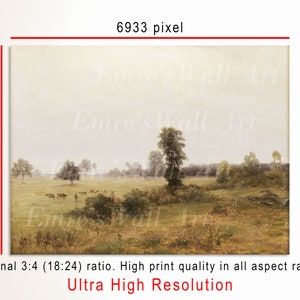 May include: A painting of a rural landscape with a field of green grass, trees, and a cloudy sky. There are cattle in the field and a small stream in the distance.