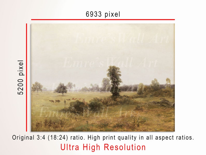 May include: A painting of a rural landscape with a field of green grass, trees, and a cloudy sky. There are cattle in the field and a small stream in the distance.