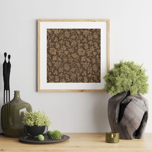 An antique-style botanical fabric art print featuring an intricate rustic textile pattern in warm brown tones. The design shows woven floral vines and leaves, arranged in an old-world tapestry style. The soft contrast between background and pattern gives a sense of depth and age. Ideal for vintage-inspired digital wall decor and home styling.