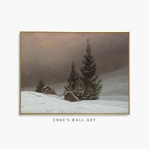 Snowy Pine Tree Landscape Oil Painting Print: Rustic Winter Wall Art (Digital Download)