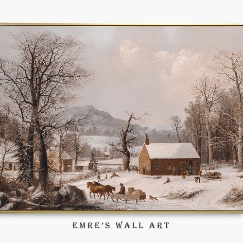 Snowy Barn Vintage Style Painting Winter Landscape Wall Art Etsy