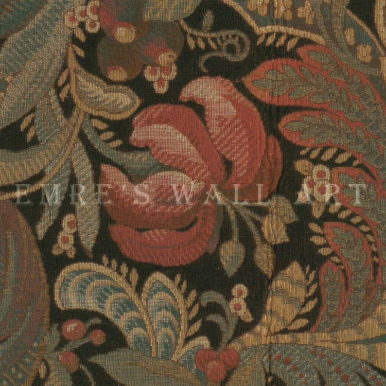 Antique rustic floral textile pattern featuring detailed vintage fabric textures and classic floral motifs. The design showcases flowing botanical elements in soft earthy tones, inspired by traditional cottage interiors and antique textiles. Aged fabric appearance and ornamental floral details create a timeless decorative look. Ideal as vintage textile wall decor with a warm rustic character, presented as a high-resolution digital print.