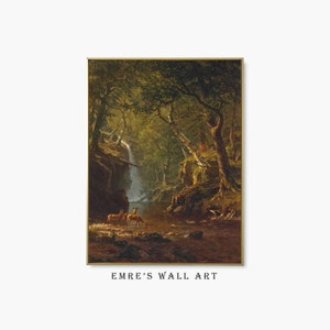 Vintage Deer Waterfall Oil Painting: Forest Landscape Art (Digital Download)