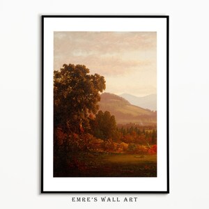 May include: A painting of a landscape with a forest in the foreground and mountains in the background. The sky is a soft pink and orange color, and the trees are a mix of green and brown.