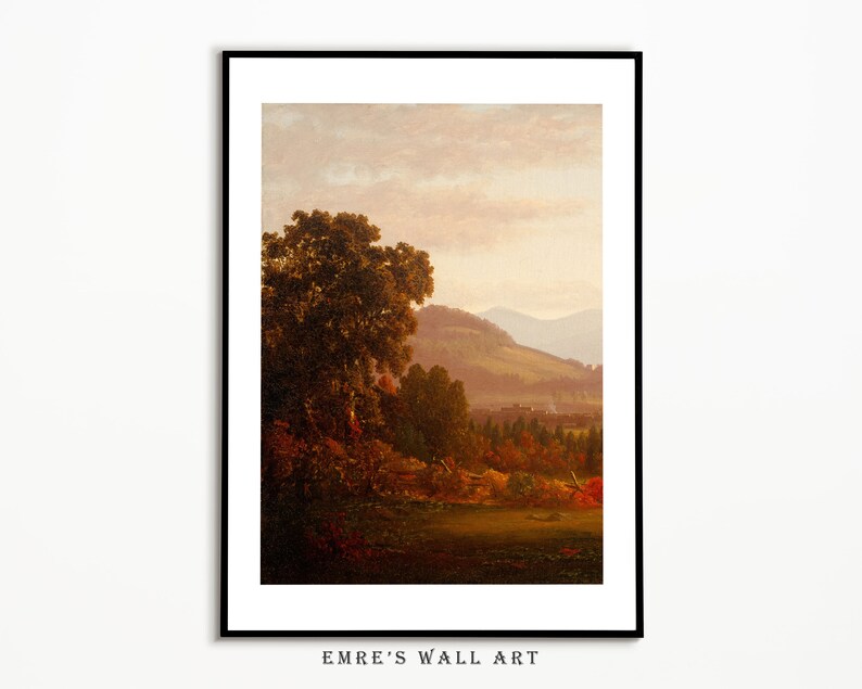 May include: A painting of a landscape with a forest in the foreground and mountains in the background. The sky is a soft pink and orange color, and the trees are a mix of green and brown.