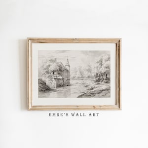 Rustic Sketch Art Print, Vintage Landscape Drawing Decor, Neutral Antique Pictures Print, Vintage Sketch Art Print