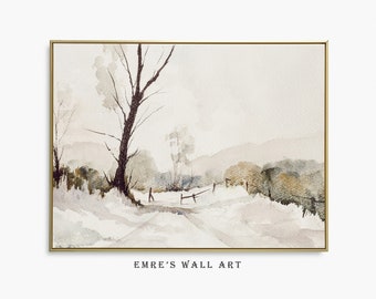Vintage Winter Landscape Watercolor Painting Print (Digital Download)