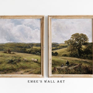 Set of 2 Vintage Landscape Print, Vintage Country Oil Painting, Split Panel Art Print, Printable Vintage Digital Download image 2