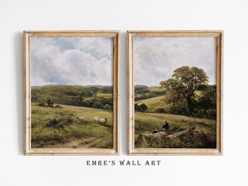 Set of 2 Vintage Landscape Print, Vintage Country Oil Painting, Split Panel Art Print, Printable Vintage Digital Download image 2