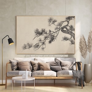 A vintage Japanese ink wash painting of a pine tree branch with detailed pine needles and a small pinecone against a textured beige paper background. The elegant black brushstrokes capture a minimalist, traditional East Asian artistic look. A small red artist seal is visible in the bottom right corner.
