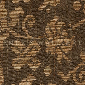 An antique-style botanical fabric art print featuring an intricate rustic textile pattern in warm brown tones. The design shows woven floral vines and leaves, arranged in an old-world tapestry style. The soft contrast between background and pattern gives a sense of depth and age. Ideal for vintage-inspired digital wall decor and home styling.