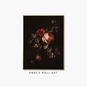 Moody Vintage Flower Print, Still Life Roses Painting, Printable Dark Floral Wall Art, Digital Downloadable Antique Painting