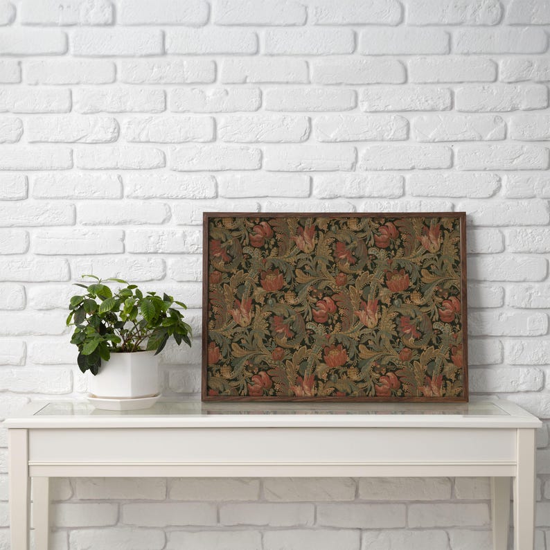 Antique rustic floral textile pattern featuring detailed vintage fabric textures and classic floral motifs. The design showcases flowing botanical elements in soft earthy tones, inspired by traditional cottage interiors and antique textiles. Aged fabric appearance and ornamental floral details create a timeless decorative look. Ideal as vintage textile wall decor with a warm rustic character, presented as a high-resolution digital print.