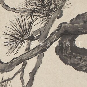 A vintage Japanese ink wash painting of a pine tree branch with detailed pine needles and a small pinecone against a textured beige paper background. The elegant black brushstrokes capture a minimalist, traditional East Asian artistic look. A small red artist seal is visible in the bottom right corner.