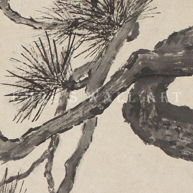 A vintage Japanese ink wash painting of a pine tree branch with detailed pine needles and a small pinecone against a textured beige paper background. The elegant black brushstrokes capture a minimalist, traditional East Asian artistic look. A small red artist seal is visible in the bottom right corner.