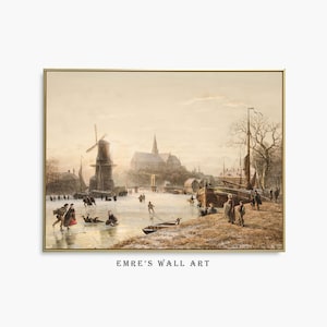 Vintage Winter Landscape Art: Skating Scene Oil Painting (Digital Download)