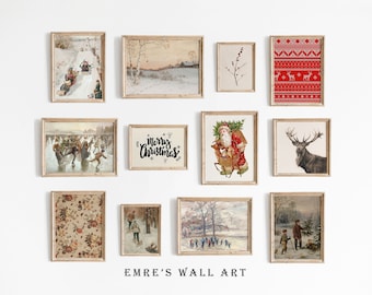 Vintage galerijwandset met kerstprints: decoratie voor de feestdagen (digitale download)