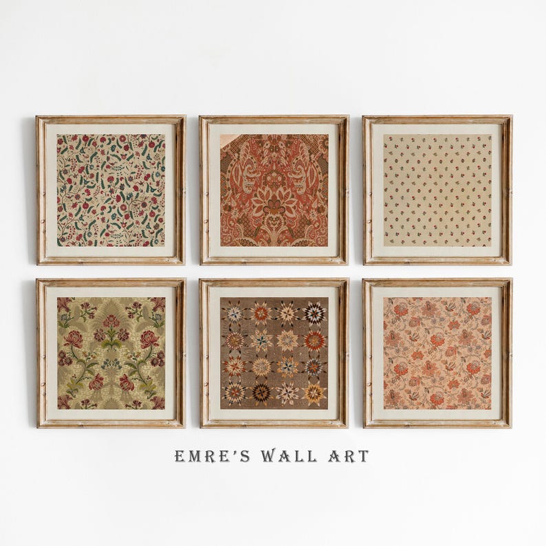 This vintage textile wall art set of 6 features beautifully aged fabric patterns perfect for digital wall decor. Ideal for home or studio styling, these antique-inspired prints bring a warm, decorative charm. Instantly download and print these timeless designs to create your own gallery wall.