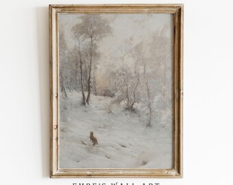 Vintage Fuchs Winterwald Ölgemälde: Rustikale Landschaft Wandbild (Digitaler Download)