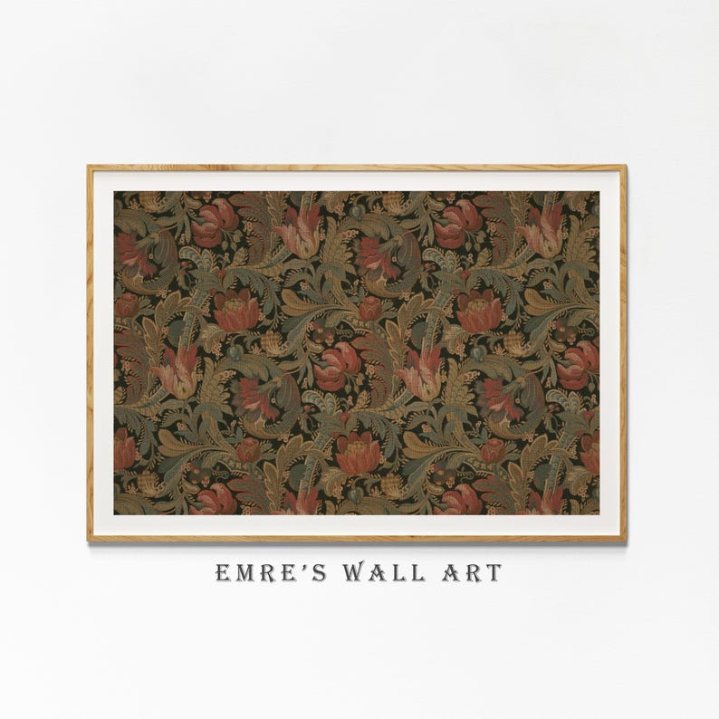 Antique rustic floral textile pattern featuring detailed vintage fabric textures and classic floral motifs. The design showcases flowing botanical elements in soft earthy tones, inspired by traditional cottage interiors and antique textiles. Aged fabric appearance and ornamental floral details create a timeless decorative look. Ideal as vintage textile wall decor with a warm rustic character, presented as a high-resolution digital print.