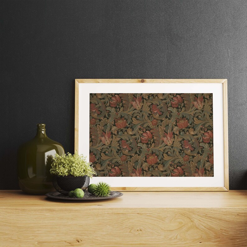 Antique rustic floral textile pattern featuring detailed vintage fabric textures and classic floral motifs. The design showcases flowing botanical elements in soft earthy tones, inspired by traditional cottage interiors and antique textiles. Aged fabric appearance and ornamental floral details create a timeless decorative look. Ideal as vintage textile wall decor with a warm rustic character, presented as a high-resolution digital print.