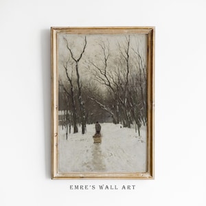 Vintage Winter Landscape Oil Painting Print: Rustic Farmhouse Christmas Decor (Digital Download)