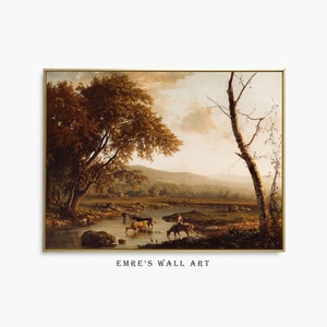 May include: A painting of a rural landscape with a river, trees, and a group of people and animals. The scene is bathed in warm, golden light, creating a peaceful and idyllic atmosphere.