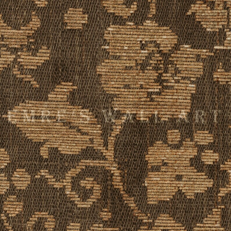 An antique-style botanical fabric art print featuring an intricate rustic textile pattern in warm brown tones. The design shows woven floral vines and leaves, arranged in an old-world tapestry style. The soft contrast between background and pattern gives a sense of depth and age. Ideal for vintage-inspired digital wall decor and home styling.