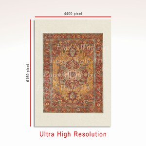 May include: A vintage-style rug with a red, orange, and yellow colour scheme. The rug has a geometric pattern with intricate details. The rug is in a high-resolution image.