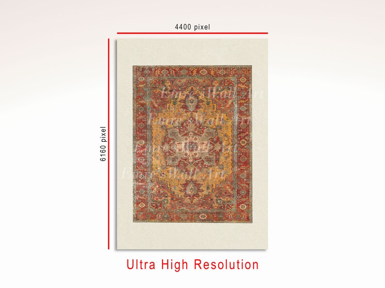 May include: A vintage-style rug with a red, orange, and yellow colour scheme. The rug has a geometric pattern with intricate details. The rug is in a high-resolution image.