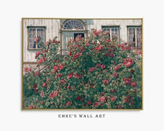 Pintura al óleo vintage de un jardín de rosas: arte imprimible de estilo cottagecore (descarga digital)