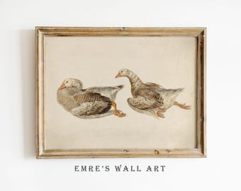 Vintage Geese Painting Print, Nursery Goose Wall Decor, Farm Animal Digital Download